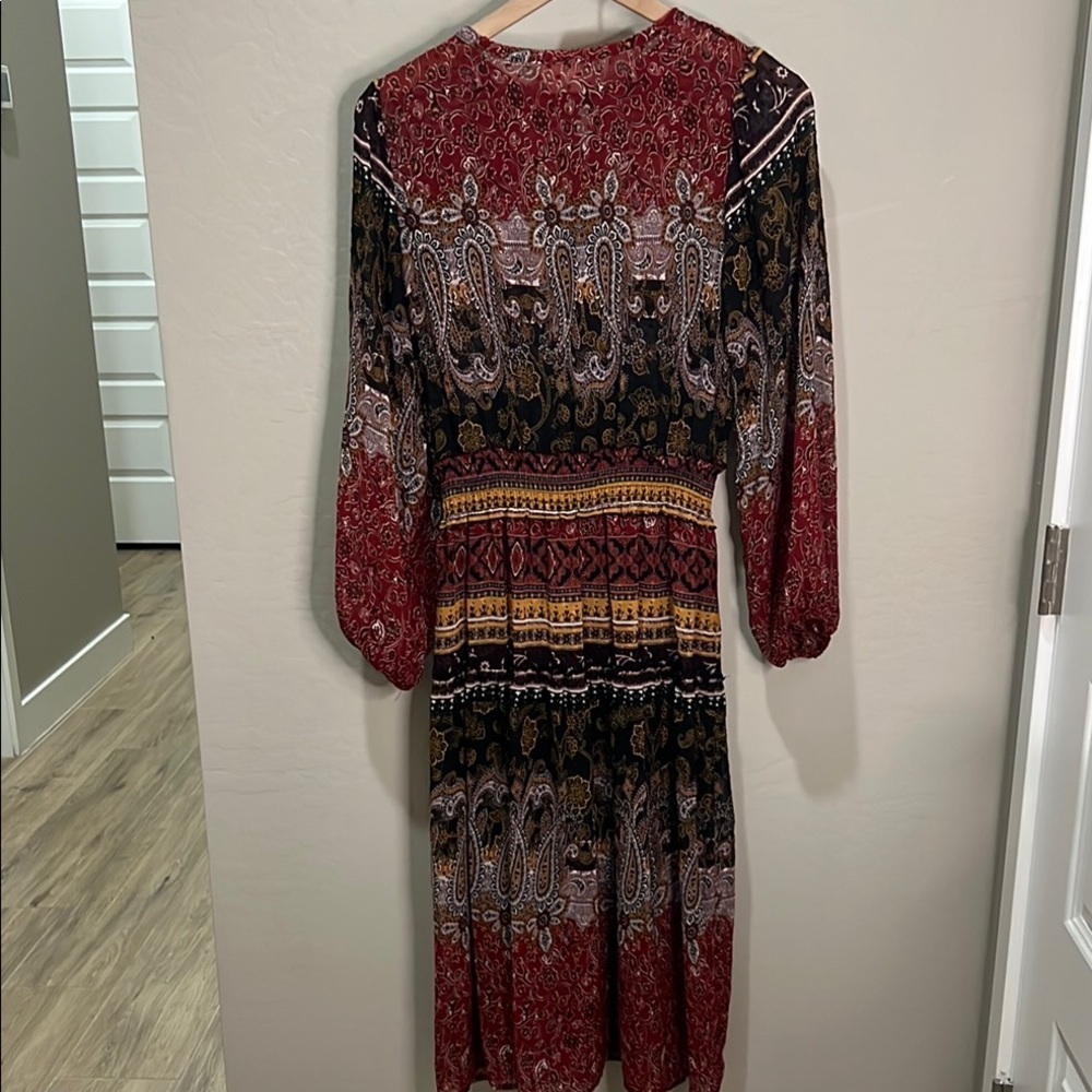 Fig & Flower Anthropologie Dress Sheer Boho Paisley Bishop Maxi Fall Rust Brown - Picture 9 of 16